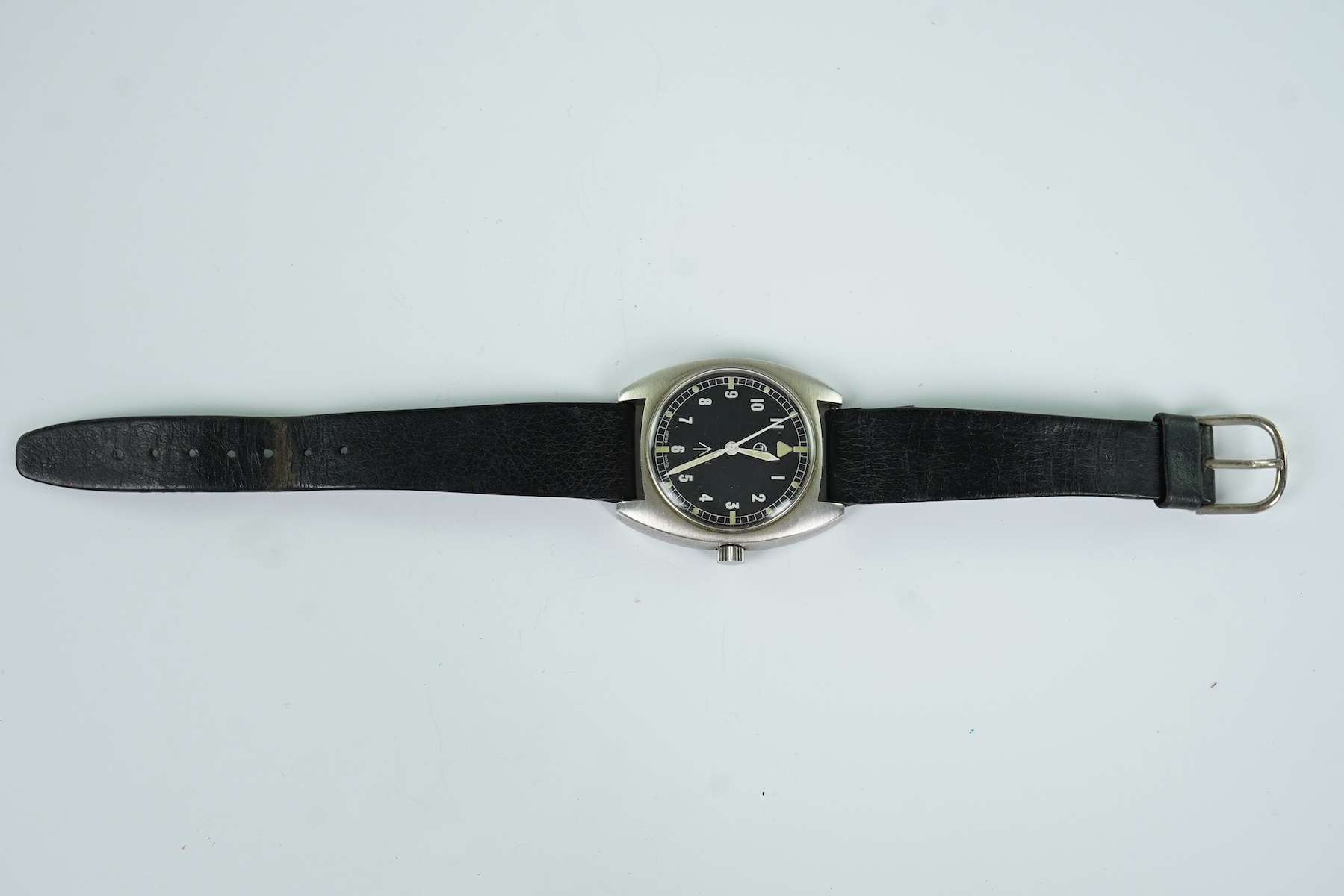A gentleman's stainless steel tonneau cased R.A.F. 'Lost Navigator' manual wind wrist watch, one of 2000 issued only in 1976